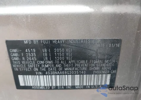 2016 Subaru Legacy 2.5I from USA, damaged, VIN 4S3BNAA68G3035140